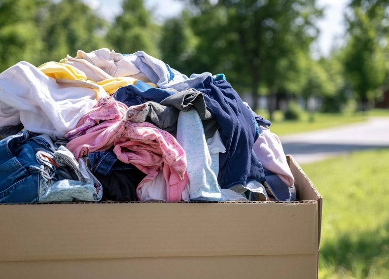 Clothing donation box outdoors, park background, summer. Website use